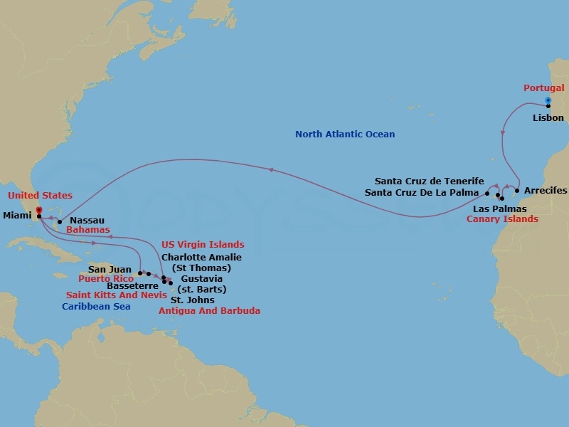 24 Night - Southern Caribbean Sojourn - Seven Seas Mariner - Starting in Lisbon, Cruising the Atlantic Ocean, Arrecife (Lanzarote), Las Palmas De Gran Canaria, Santa Cruz de Tenerife, Santa Cruz de La Palma, Cruising the Atlantic Ocean, Nassau, Miami, Cruising the Atlantic Ocean, San Juan, Charlotte Amalie, Basseterre, St Johns, Gustavia, Cruising the Atlantic Ocean, Miami itinerary map