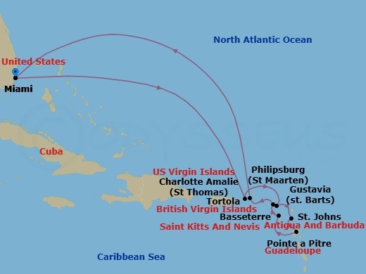 12 Night - Tides & Traditions - Seven Seas Mariner - Starting in Miami, Cruising the Atlantic Ocean, Charlotte Amalie, Gustavia, St Johns, Pointe-a-Pitre, Basseterre, Philipsburg, Tortola, Cruising the Atlantic Ocean, Miami itinerary map
