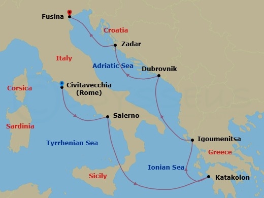 7 Night - Echoes of the Ionian - Seven Seas Grandeur - Starting in Rome (Civitavecchia), Salerno, Cruising the Ionian Sea, Katakolon, Igoumenitsa, Dubrovnik, Croatia, Zadar, Venice (Fusina) itinerary map