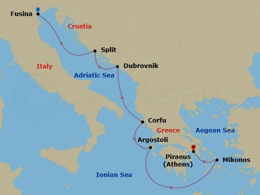7 Night - Ionian Interlude - Seven Seas Grandeur - Starting in Venice (Fusina), Split, Dubrovnik, Croatia, Corfu, Argostoli (Cephalonia), Cruising the Ionian Sea, Mykonos, Athens (Piraeus) itinerary map