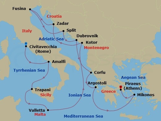 14 Night - Citrus & Sea Salt - Seven Seas Grandeur - Starting in Rome (Civitavecchia), Amalfi / Positano, Trapani (Sicily), Valletta, Cruising the Ionian Sea, Kotor, Zadar, Venice (Fusina), Split, Dubrovnik, Croatia, Corfu, Argostoli (Cephalonia), Cruising the Ionian Sea, Mykonos, Athens (Piraeus) itinerary map