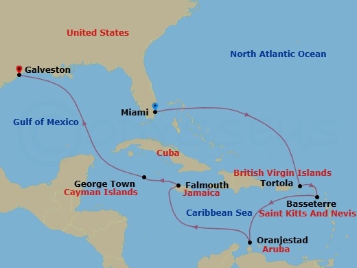 12 Night - Caribbean Quest - Seven Seas Mariner - Starting in Miami, Cruising the Atlantic Ocean, Tortola, Basseterre, Cruising the Caribbean Sea, Oranjestad, Cruising the Caribbean Sea, Falmouth, George Town, Cruising the Caribbean Sea, Cruising the Gulf, Houston (Galveston) itinerary map