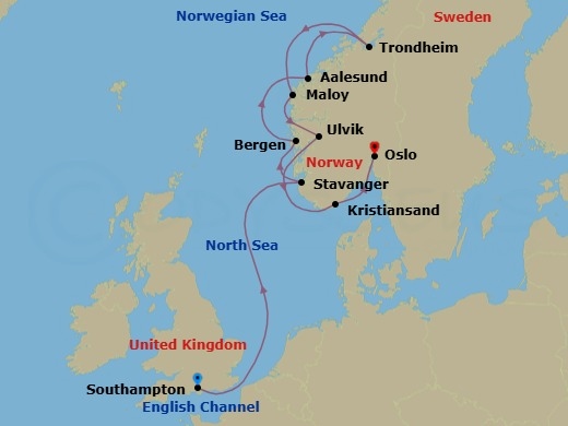 10 Night - Glories of Norway - Seven Seas Mariner - Starting in London (Southampton), Cruising the North Sea, Stavanger, Bergen, Alesund, Trondheim, Maloy, Cruising the Norwegian Sea, Ulvik, Norway, Kristiansand, Oslo itinerary map