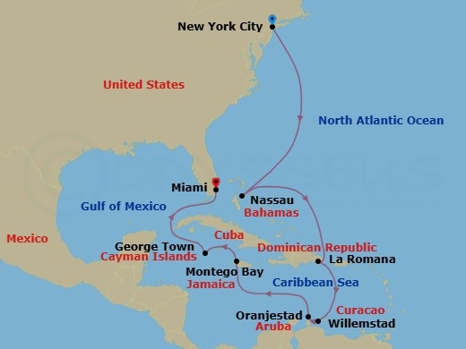 14 Night - Palmlight Passage - Seven Seas Prestige - Starting in New York, Cruising the Atlantic Ocean, Nassau, Cruising the Atlantic Ocean, La Romana, Cruising the Caribbean Sea, Willemstad AN, Oranjestad, Cruising the Caribbean Sea, Montego Bay, George Town, Cruising the Florida Straits, Miami itinerary map