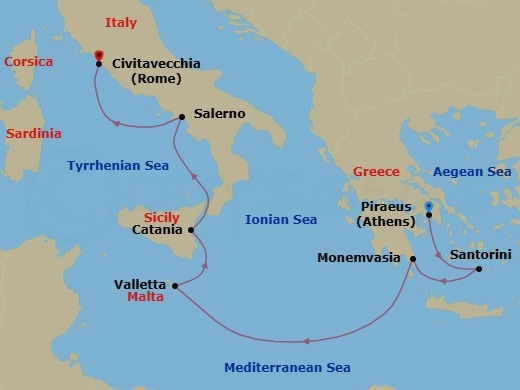 7 Night - Opera of the Isles - Seven Seas Grandeur - Starting in Athens (Piraeus), Santorini, Monemvasia, Cruising the Mediterranean Sea, Valletta, Catania (Sicily), Salerno, Rome (Civitavecchia) itinerary map