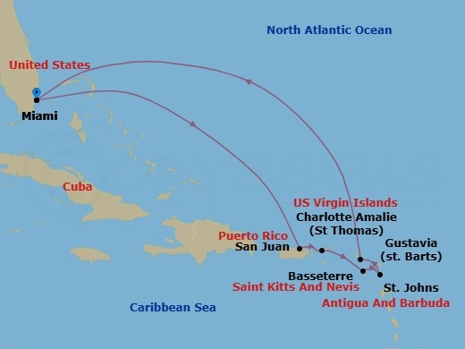 10 Night - Art of Island Time - Seven Seas Mariner - Starting in Miami, Cruising the Atlantic Ocean, San Juan, Charlotte Amalie, Basseterre, St Johns, Gustavia, Cruising the Atlantic Ocean, Miami itinerary map