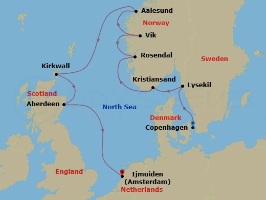 10 Night - Land & Legend - Seven Seas Mariner - Starting in Copenhagen, Lysekil, Kristiansand, Rosendal, Vik, Alesund, Cruising the Norwegian Sea, Kirkwall (Orkney Islands), Aberdeen, Cruising the North Sea, Amsterdam (Ijmuiden) itinerary map