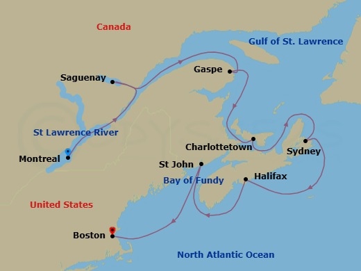 11 Night - Maple & Mist - Seven Seas Prestige - Starting in Montreal, Saguenay, Cruising the Gulf of St Lawrence, Gaspesie, Cruising the Gulf of St Lawrence, Charlottetown, Sydney CA, Halifax, Saint John NB (Bay of Fundy), Boston itinerary map