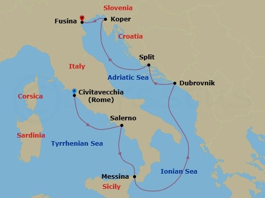 7 Night - Dalmatian Overture - Seven Seas Grandeur - Starting in Rome (Civitavecchia), Salerno, Messina (Sicily), Cruising the Ionian Sea, Dubrovnik, Croatia, Split, Koper, Venice (Fusina) itinerary map