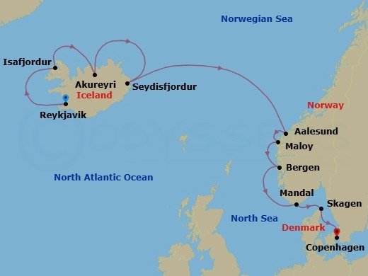 10 Night - Fjords of Fire & Frost - Seven Seas Prestige - Starting in Reykjavik, Isafjordur, Akureyri, Seydisfjodur, Cruising the Norwegian Sea, Alesund, Maloy, Bergen, Mandal, Skagen, Copenhagen itinerary map