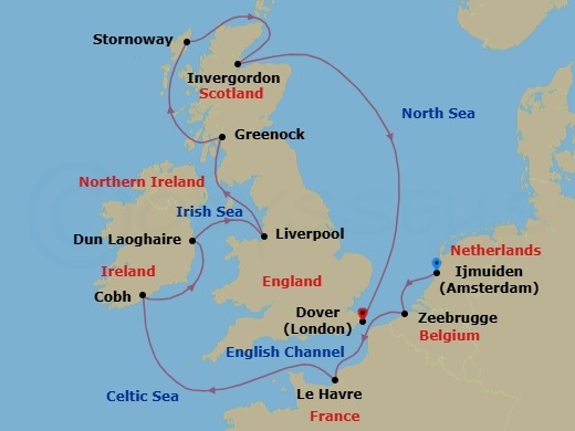 11 Night - Thistle & Tide - Seven Seas Prestige - Starting in Amsterdam (Ijmuiden), Bruges (Zeebrugge), Paris (Le Havre), Cruising the Celtic Sea, Cork (Cobh), Dun Laoghaire, Liverpool, Glasgow (Greenock), Stornoway (Hebrides), Invergordon, United Kingdom, Cruising the North Sea, London (Dover UK) itinerary map