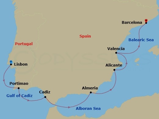 7 Night - Rumba Del Sol - Seven Seas Grandeur - Starting in Lisbon, Portimao, Cadiz, Almeria, Cruising the Mediterranean Sea, Alicante, Valencia, Barcelona itinerary map