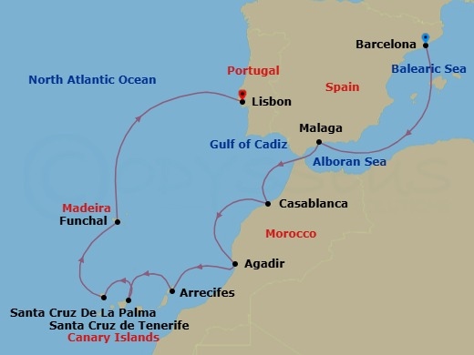 10 Night - Mediterranean Crescendo - Seven Seas Grandeur - Starting in Barcelona, Cruising the Mediterranean Sea, Malaga, Casablanca, Agadir, Arrecife (Lanzarote), Santa Cruz de Tenerife, Santa Cruz de La Palma, Funchal (Madeira), Cruising the Atlantic Ocean, Lisbon itinerary map