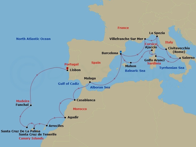 20 Night - Italian & Iberian Legacy - Seven Seas Grandeur - Starting in Barcelona, Cruising the Ligurian Sea, Villefranche, La Spezia (Cinque Terre), Rome (Civitavecchia), Salerno, Cruising the Tyrrhenian Sea, Golfo Aranci (Sardinia), Ajaccio (Corsica), Mahon, Minorca, Barcelona, Cruising the Mediterranean Sea, Malaga, Casablanca, Agadir, Arrecife (Lanzarote), Santa Cruz de Tenerife, Santa Cruz de La Palma, Funchal (Madeira), Cruising the Atlantic Ocean, Lisbon itinerary map