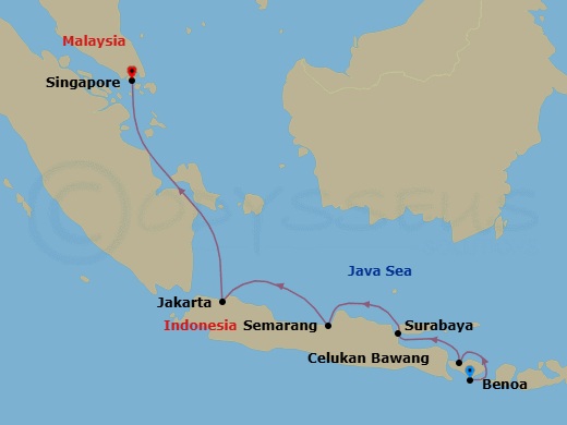 8 Night - Indonesian Exploration - Seven Seas Explorer - Starting in Bali (Benoa), Celukan Bawang (Bali), Surabaya, Semarang (Java), Jakarta, Cruising the Java Sea, Singapore itinerary map