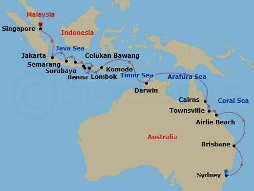 24 Night - Exotic Escape - Seven Seas Explorer - Starting in Sydney AU, Cruising the Tasman Sea, Brisbane, Cruising the Coral Sea, Airlie Beach, Townsville, Cairns, Cruising the Coral Sea, Cruising the Arafura Sea, Darwin, Cruising the Timor Sea, Cruising the Indian Ocean, Komodo, Lombok (Lembar), Bali (Benoa), Celukan Bawang (Bali), Surabaya, Semarang (Java), Jakarta, Cruising the Java Sea, Singapore itinerary map