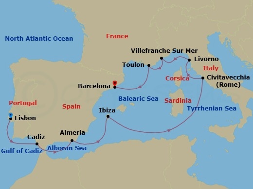 11 Night - Mediterranean Delights - Seven Seas Mariner - Starting in Lisbon, Cruising the Atlantic Ocean, Cadiz, Almeria, Ibiza, Cruising the Mediterranean Sea, Rome (Civitavecchia), Tuscany (Livorno), Villefranche, Toulon, Barcelona itinerary map