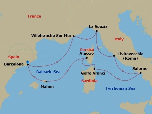 10 Night - Cantata Del Mare - Seven Seas Grandeur - Starting in Barcelona, Cruising the Ligurian Sea, Villefranche, La Spezia (Cinque Terre), Rome (Civitavecchia), Salerno, Cruising the Tyrrhenian Sea, Golfo Aranci (Sardinia), Ajaccio (Corsica), Mahon, Minorca, Barcelona itinerary map