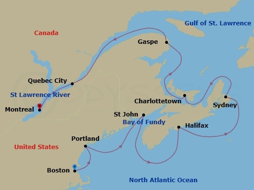 11 Night - Harbors, Harvests & Hues - Seven Seas Prestige - Starting in Boston, Portland ME, Saint John NB (Bay of Fundy), Halifax, Sydney CA, Charlottetown, Cruising the Gulf of St Lawrence, Gaspesie, Cruising the Gulf of St Lawrence, Quebec City, Montreal itinerary map