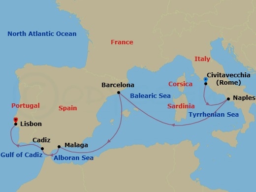 7 Night - Bolero Breeze - Seven Seas Grandeur - Starting in Rome (Civitavecchia), Naples / Pompeii, Cruising the Balearic Sea, Barcelona, Cruising the Mediterranean Sea, Malaga, Cadiz, Lisbon itinerary map