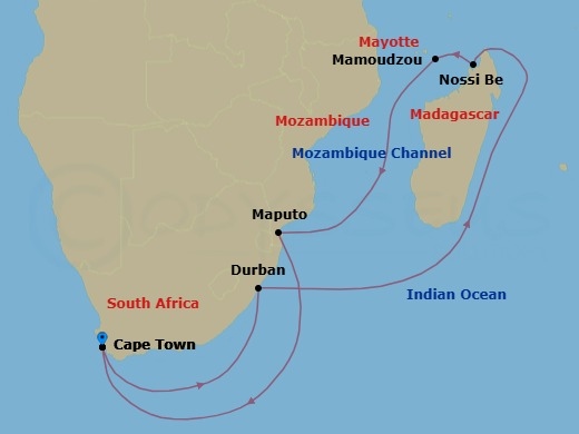 14 Night - Currents of the Cape - Seven Seas Explorer - Starting in Cape Town, Cruising the Indian Ocean, Durban, Cruising the Mozambique Channel, Nosy Be, Mayotte, Cruising the Mozambique Channel, Maputo, Cruising the Indian Ocean, Cape Town itinerary map