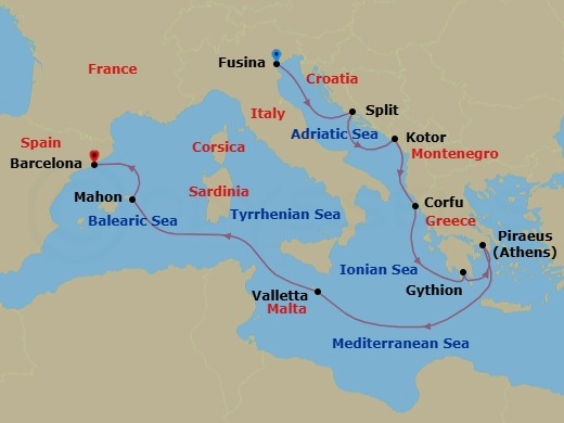 10 Night - Cadence in Kotor - Seven Seas Grandeur - Starting in Venice (Fusina), Split, Kotor, Corfu, Gythion, Athens (Piraeus), Cruising the Mediterranean Sea, Valletta, Cruising the Mediterranean Sea, Mahon, Minorca, Barcelona itinerary map