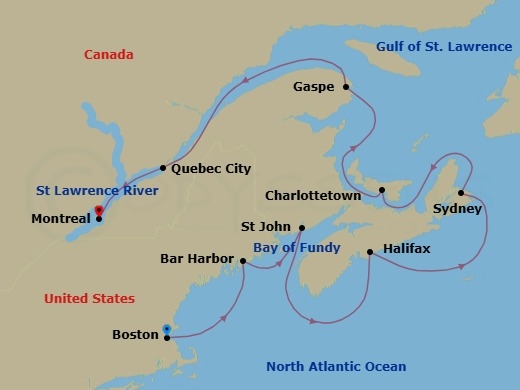 11 Night - Leaves & Lighthouses - Seven Seas Prestige - Starting in Boston, Bar Harbor, Saint John NB (Bay of Fundy), Halifax, Sydney CA, Charlottetown, Cruising the Gulf of St Lawrence, Gaspesie, Cruising the Gulf of St Lawrence, Quebec City, Montreal itinerary map