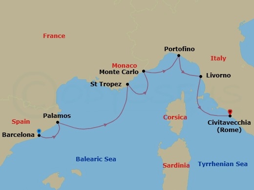 7 Night - Fine Wines & Culinary Capitals - Seven Seas Grandeur - Starting in Barcelona, Palamos, Saint-Tropez, Monte Carlo, Cruising the Ligurian Sea, Portofino, Tuscany (Livorno), Rome (Civitavecchia) itinerary map