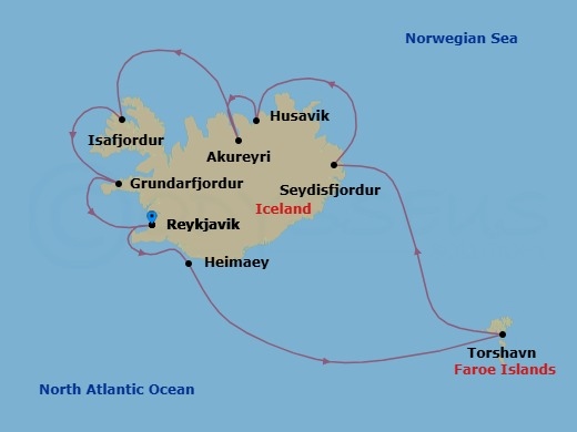 11 Night - Tundra & Tide - Seven Seas Prestige - Starting in Reykjavik, Heimaey, Cruising the Norwegian Sea, Torshavn, Faroe Islands, Seydisfjodur, Husavik, Akureyri, Cruising the Greenland Sea, Isafjordur, Grundarfjordur, Reykjavik itinerary map