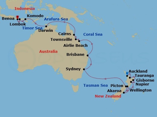26 Night - Tasman to Timor - Seven Seas Explorer - Starting in Auckland, Rotorua (Tauranga), Gisborne, Napier, Wellington, Akaroa, Picton, Cruising the Tasman Sea, Sydney AU, Cruising the Tasman Sea, Brisbane, Cruising the Coral Sea, Airlie Beach, Townsville, Cairns, Cruising the Coral Sea, Cruising the Arafura Sea, Darwin, Cruising the Timor Sea, Cruising the Indian Ocean, Komodo, Lombok (Lembar), Bali (Benoa) itinerary map