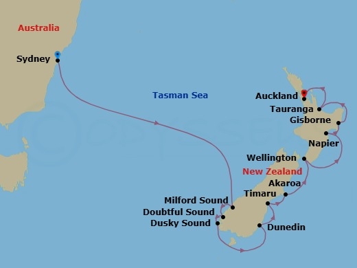 11 Night - Sounds of the Sea - Seven Seas Explorer - Starting in Sydney AU, Cruising the Tasman Sea, Cruising the Fjords of Milford Sound, Cruising the Fjords of Doubtful Sound, Cruising the Fjords of Dusky Sound, Dunedin, Timaru, Akaroa, Wellington, Napier, Gisborne, Rotorua (Tauranga), Auckland itinerary map