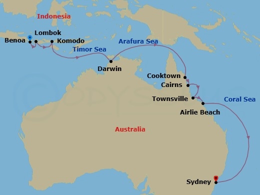 14 Night - Across the Archipelago - Seven Seas Explorer - Starting in Bali (Benoa), Lombok (Lembar), Komodo, Cruising the Timor Sea, Darwin, Cruising the Arafura Sea, Cruising the Coral Sea, Cooktown, Cairns, Townsville, Airlie Beach, Cruising the Coral Sea, Cruising the Tasman Sea, Sydney AU itinerary map