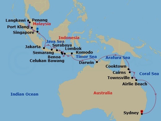 24 Night - Indo-Pacific Voyage - Seven Seas Explorer - Starting in Singapore, Kuala Lumpur (Port Klang), Langkawi, Penang, Cruising the Malacca Strait, Cruising the Java Sea, Jakarta, Semarang (Java), Surabaya, Celukan Bawang (Bali), Bali (Benoa), Lombok (Lembar), Komodo, Cruising the Timor Sea, Darwin, Cruising the Arafura Sea, Cruising the Coral Sea, Cooktown, Cairns, Townsville, Airlie Beach, Cruising the Coral Sea, Cruising the Tasman Sea, Sydney AU itinerary map