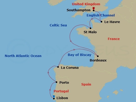 10 Night - European Spring - Seven Seas Explorer - Starting in Lisbon, Oporto, La Coruna, Cruising the Bay of Biscay, Bordeaux, Cruising the Atlantic Ocean, Saint-malo, Paris (Le Havre), London (Southampton) itinerary map