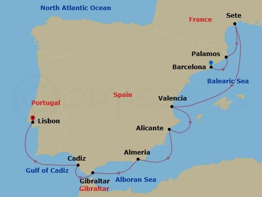 10 Night - Inspiring Iberia - Seven Seas Mariner - Starting in Barcelona, Palamos, Sete, Cruising the Mediterranean Sea, Valencia, Alicante, Almeria, Gibraltar, Cadiz, Cruising the Atlantic Ocean, Lisbon itinerary map