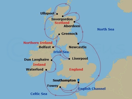 14 Night - Cloak of the Isles - Seven Seas Prestige - Starting in London (Southampton), Fowey, Cruising the North Sea, Newcastle UK, Aberdeen, Invergordon, United Kingdom, Ullapool, Cruising the Atlantic Ocean, Glasgow (Greenock), Belfast, Liverpool, Dun Laoghaire, Waterford, Cruising the Celtic Sea, London (Southampton) itinerary map