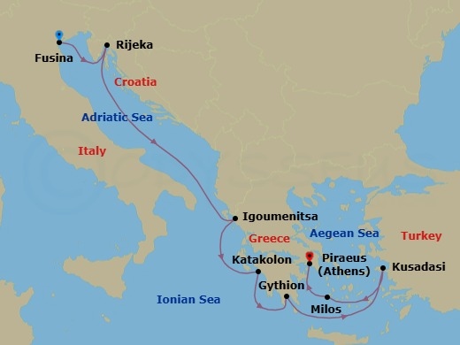 9 Night - Ode to the Aegan - Seven Seas Grandeur - Starting in Venice (Fusina), Rijeka, Cruising the Adriatic Sea, Igoumenitsa, Katakolon, Gythion, Cruising the Aegean Sea, Kusadasi, Milos, Athens (Piraeus) itinerary map