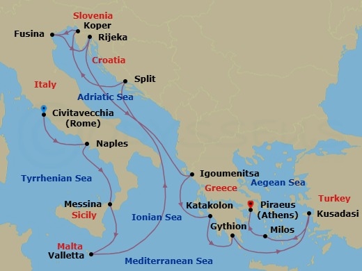 16 Night - Olive Groves & Ocean Views - Seven Seas Grandeur - Starting in Rome (Civitavecchia), Naples / Pompeii, Messina (Sicily), Valletta, Cruising the Ionian Sea, Split, Koper, Venice (Fusina), Rijeka, Cruising the Adriatic Sea, Igoumenitsa, Katakolon, Gythion, Cruising the Aegean Sea, Kusadasi, Milos, Athens (Piraeus) itinerary map