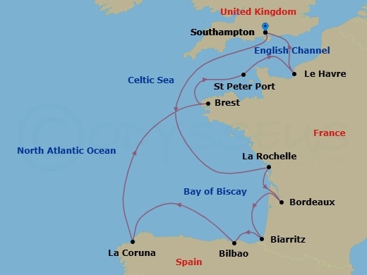 13 Night - Verdant Voyage - Seven Seas Prestige - Starting in London (Southampton), Cruising the English Channel and Bay of Biscay, La Rochelle, France, Bordeaux, Biarritz (Saint-Jean-De-Luz), Bilbao, La Coruna, Cruising the Bay of Biscay, Brest, St Peter Port, Guernsey, Paris (Le Havre), Cruising the North Sea, London (Southampton) itinerary map