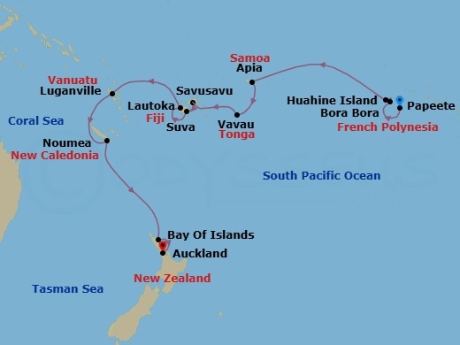 21 Night - Islands of Paradise - Seven Seas Explorer - Starting in Papeete (Tahiti), Huahine, Bora Bora, Cruising the South Pacific, Cross the International Date Line, Cruising the South Pacific, Apia, Cruising the South Pacific, Vavau (Neiafu), Cruising the South Pacific, Savusavu, Suva, Lautoka, Cruising the South Pacific, Luganville, Cruising the South Pacific, Noumea, Cruising the South Pacific, Bay of Islands, Auckland itinerary map