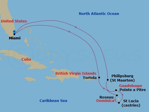 10 Night - Sapphire Archipelago - Seven Seas Mariner - Starting in Miami, Cruising the Atlantic Ocean, Tortola, Pointe-a-Pitre, Castries, Roseau, Philipsburg, Cruising the Atlantic Ocean, Miami itinerary map