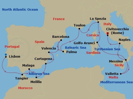 19 Night - Woven by the Sea - Seven Seas Voyager - Starting in Lisbon, Cruising the Atlantic Ocean, Tangier, Malaga, Melilla, Cartagena ES, Valencia, Cruising the Balearic Sea, Barcelona, Palma De Mallorca, Cruising the Balearic Sea, Toulon, La Spezia (Cinque Terre), Golfo Aranci (Sardinia), Cruising the Tyrrhenian Sea, Valletta, Messina (Sicily), Naples / Pompeii, Rome (Civitavecchia) itinerary map