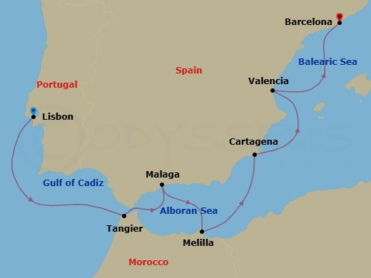 9 Night - Mosaics in Motion - Seven Seas Voyager - Starting in Lisbon, Cruising the Atlantic Ocean, Tangier, Malaga, Melilla, Cartagena ES, Valencia, Cruising the Balearic Sea, Barcelona itinerary map