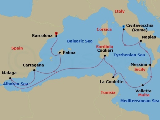 10 Night - Bays & Basilicas - Seven Seas Voyager - Starting in Rome (Civitavecchia), Naples / Pompeii, Messina (Sicily), Valletta, La Goulette, Cagliari (Sardinia), Cruising the Mediterranean Sea, Malaga, Cartagena ES, Palma De Mallorca, Barcelona itinerary map