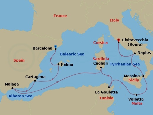 10 Night - Golden Mediterranean - Seven Seas Voyager - Starting in Barcelona, Palma De Mallorca, Cartagena ES, Malaga, Cruising the Mediterranean Sea, Cagliari (Sardinia), La Goulette, Valletta, Messina (Sicily), Naples / Pompeii, Rome (Civitavecchia) itinerary map