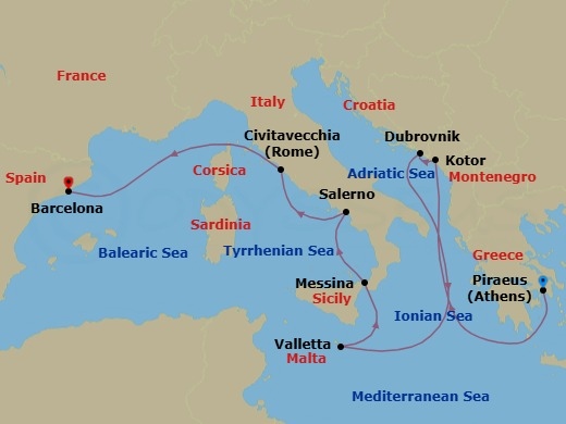 10 Night - Celebrate the Year - Seven Seas Voyager - Starting in Athens (Piraeus), Cruising the Ionian Sea, Kotor, Dubrovnik, Croatia, Cruising the Mediterranean Sea, Valletta, Messina (Sicily), Salerno, Rome (Civitavecchia), Cruising the Mediterranean Sea, Barcelona itinerary map