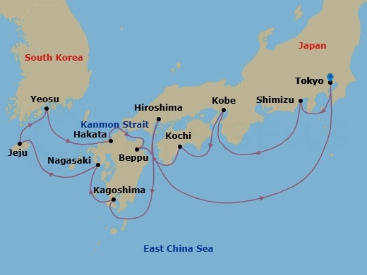 14 Night - Serene Seas of Japan - Seven Seas Splendor - Starting in Tokyo, Shimizu, Cruising the Philippine Sea, Kyoto (Kobe), Kochi, Hiroshima, Cruising the Philippine Sea, Kagoshima, Nagasaki, Jeju, Yeosu, Hakata, Cruising the Kanmon Straits, Beppu, Cruising the Philippine Sea, Tokyo itinerary map