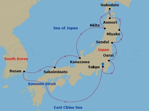 14 Night - Blossoms & Blue Horizons - Seven Seas Splendor - Starting in Tokyo, Oarai, Sendai, Miyako, Cruising the Pacific Ocean, Aomori, Hakodate, Akita, Kanazawa, Sakaiminato, Busan, Cruising the Kanmon Straits, Cruising the Philippine Sea, Tokyo itinerary map