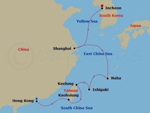 11 Night - Ancient & Modern Fusion - Seven Seas Splendor - Starting in Hong Kong, Cruising the South China Sea, Kaohsiung, Taipei (Keelung), Ishigaki (Sakishima Islands), Okinawa (Naha), Cruising the East China Sea, Shanghai, Cruising the Yellow Sea, Seoul (Incheon) itinerary map