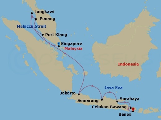 10 Night - Heart of Southeast Asia - Seven Seas Explorer - Starting in Singapore, Kuala Lumpur (Port Klang), Langkawi, Penang, Cruising the Malacca Strait, Cruising the Java Sea, Jakarta, Semarang (Java), Surabaya, Celukan Bawang (Bali), Bali (Benoa) itinerary map
